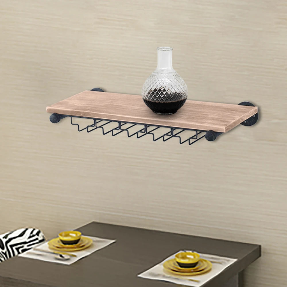 Wall-Mounted Wine Rack with Stemware Holder, Pine and Iron