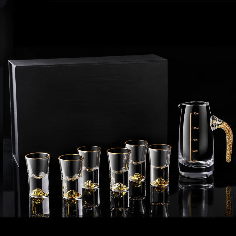Gold-Foil Crystal Shot Glass Set with Dispenser, Gift Boxed