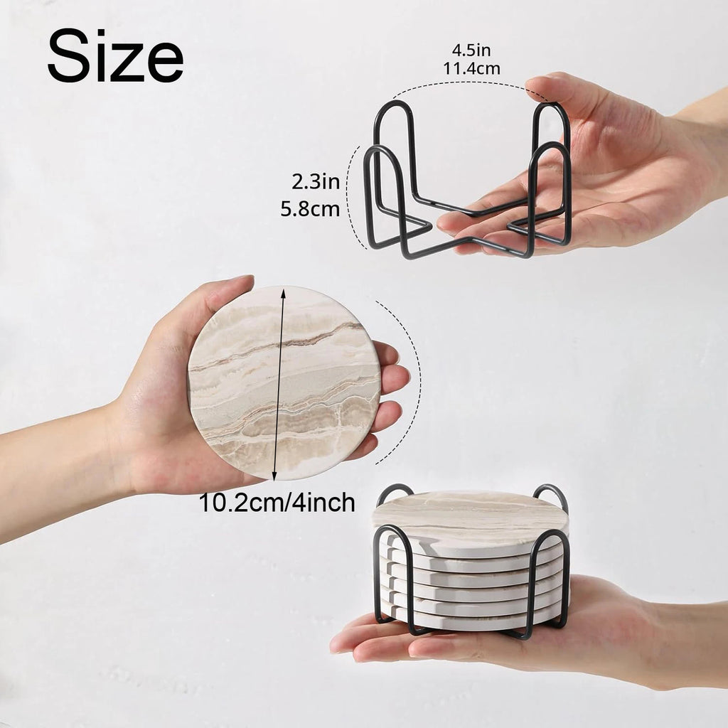 Marble-Style Coaster Set with Holder, 6 Pieces