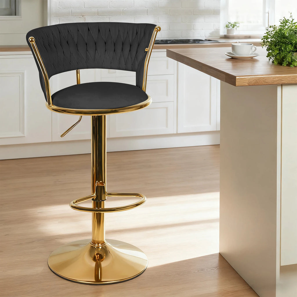 Notting Hill Swivel Velvet Bar Stools Set of 2, Woven Back, Gold Base
