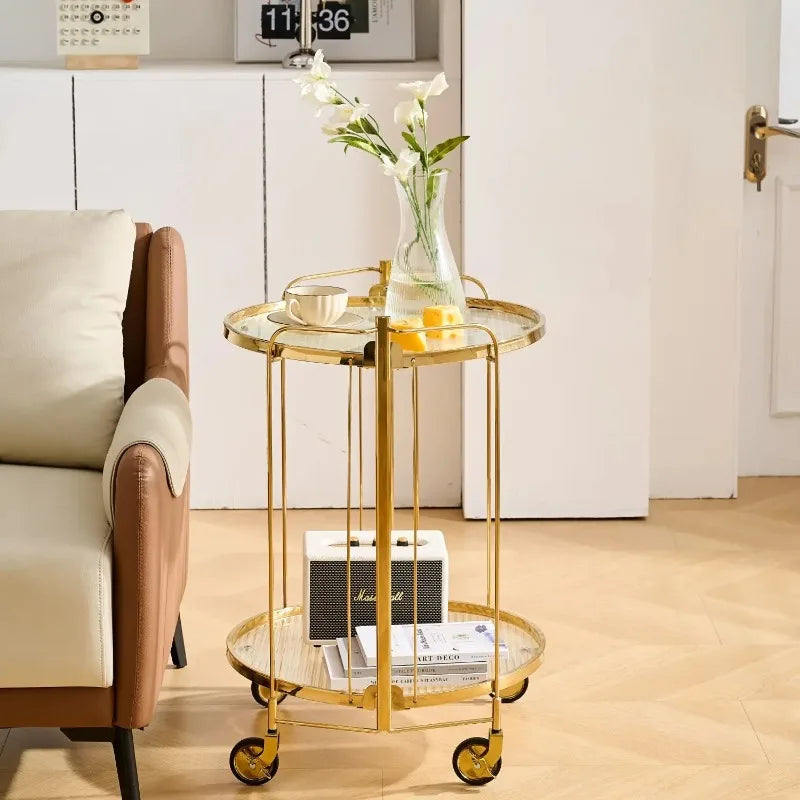Foldable Round Drinks Trolley with Glass Shelves, Gold or Silver
