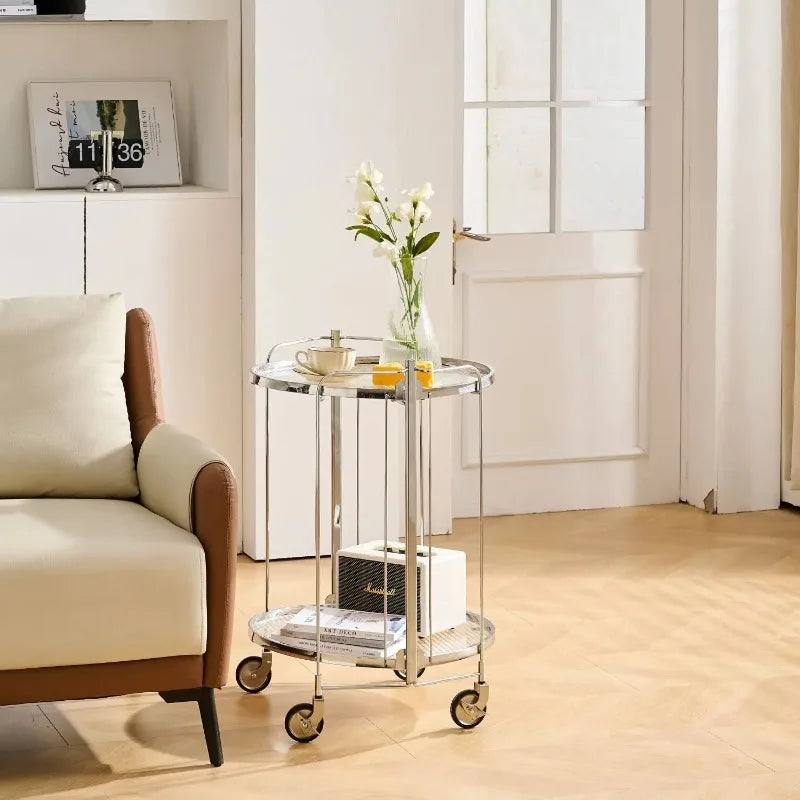 Foldable Round Drinks Trolley with Glass Shelves, Gold or Silver