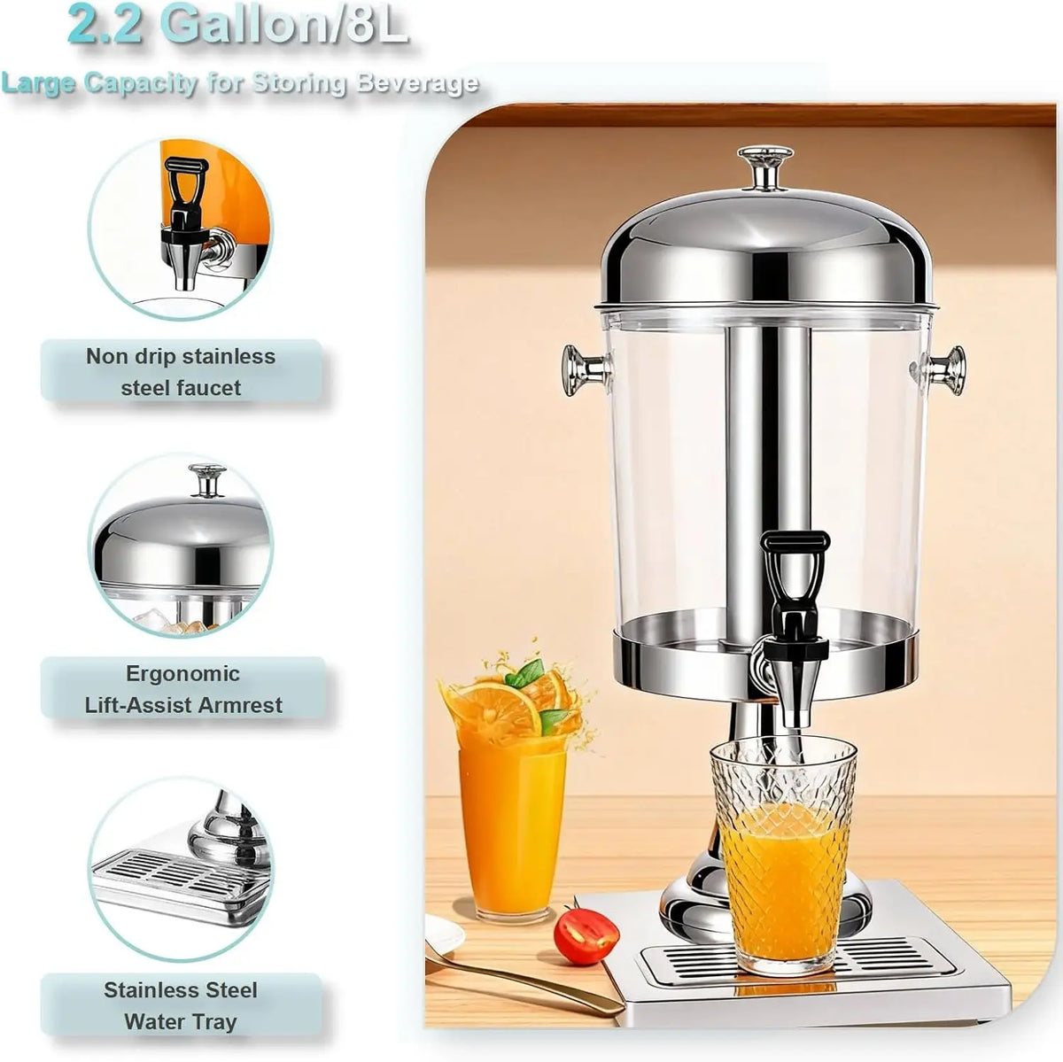 8L Stainless Steel Drinks Dispenser with Stand and Ice Core