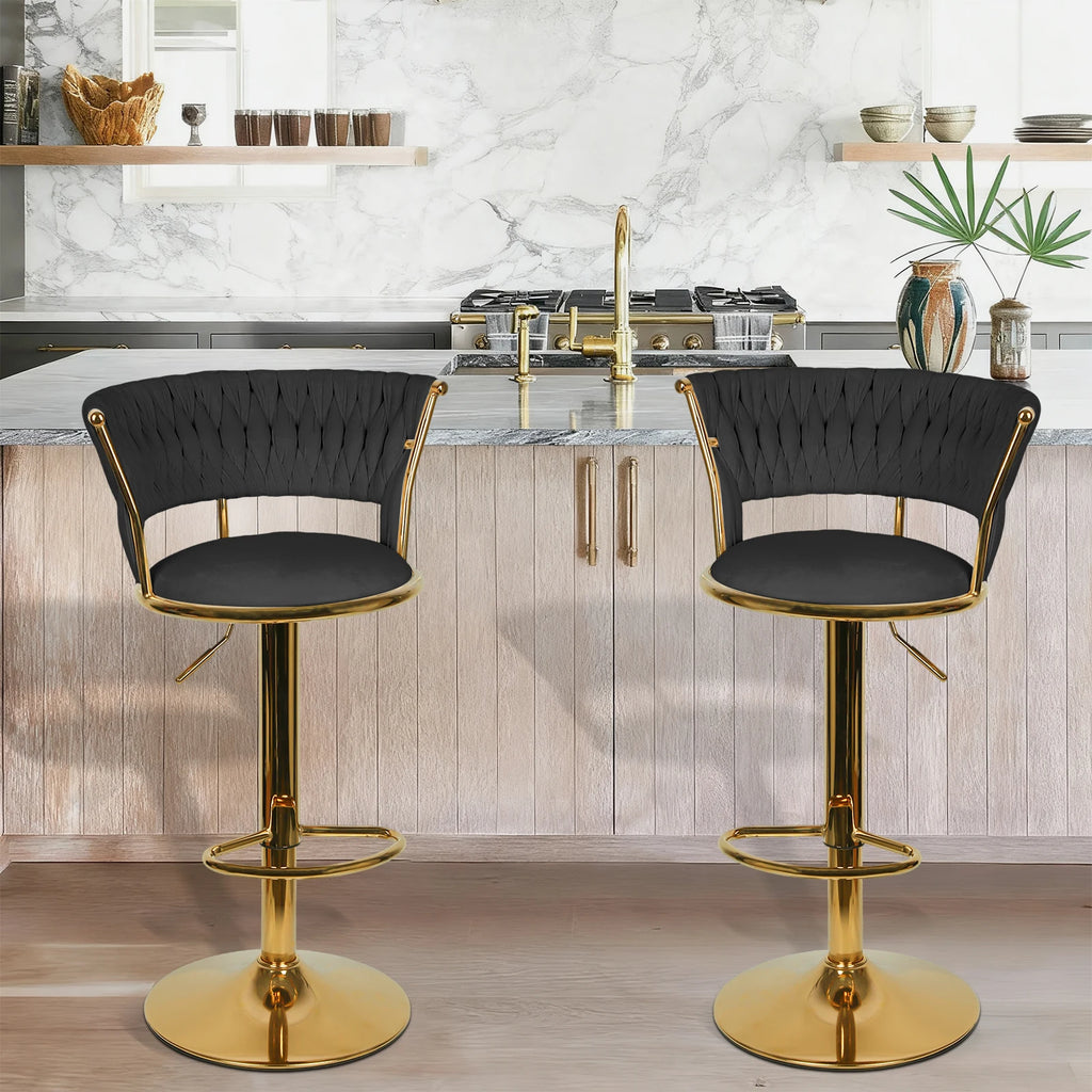Notting Hill Swivel Velvet Bar Stools Set of 2, Woven Back, Gold Base