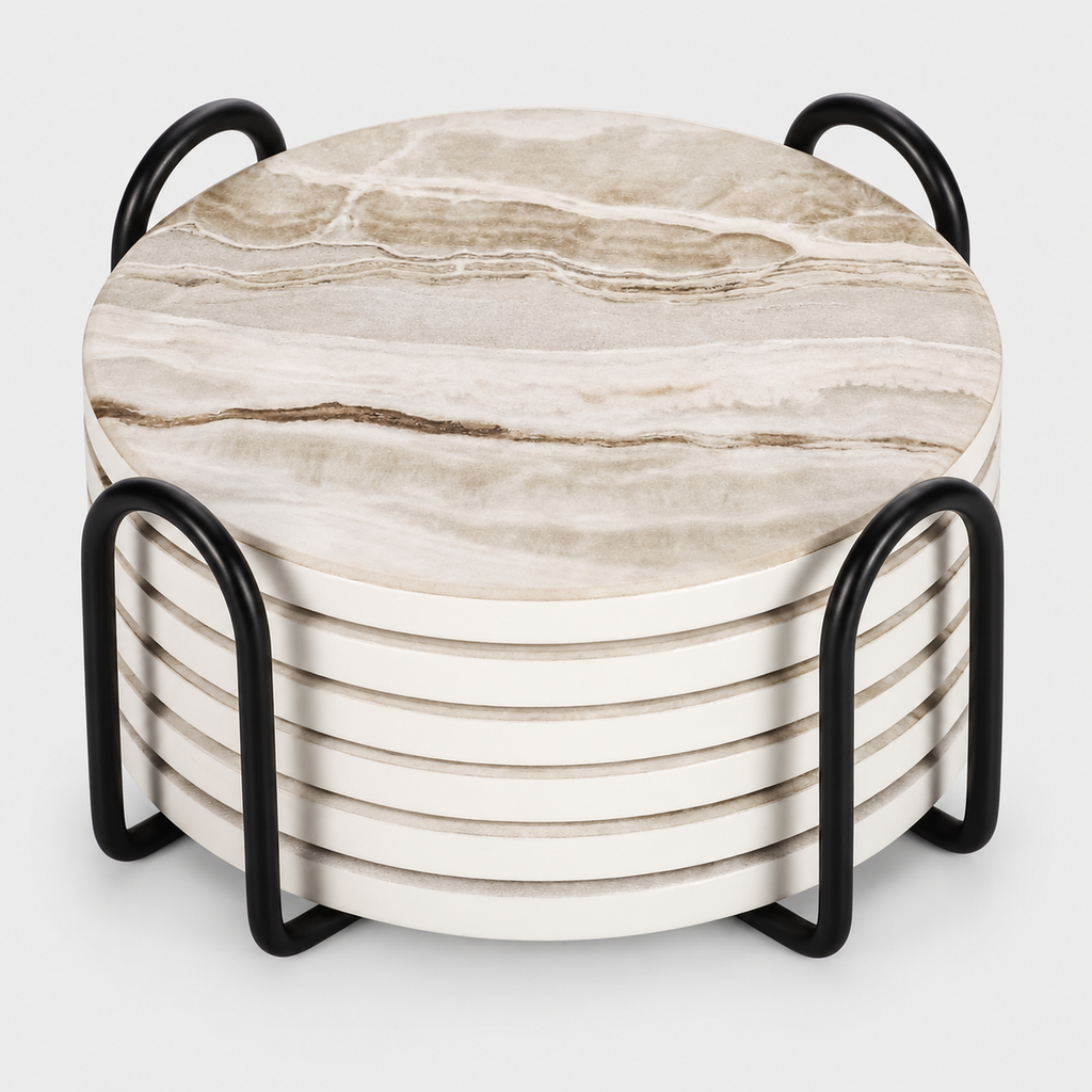Marble-Style Coaster Set with Holder, 6 Pieces