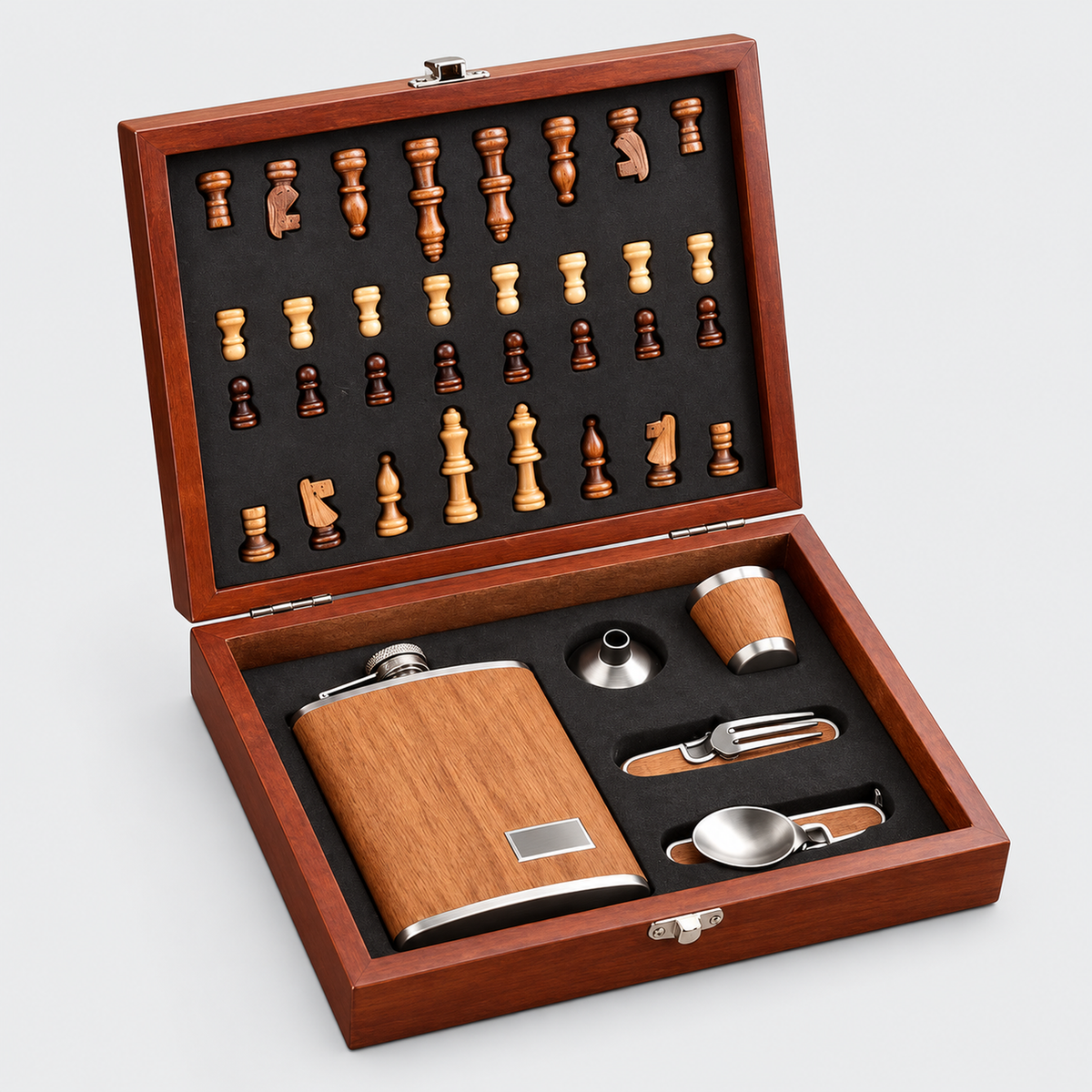 Stainless Steel Hip Flask Gift Set in Wooden Box
