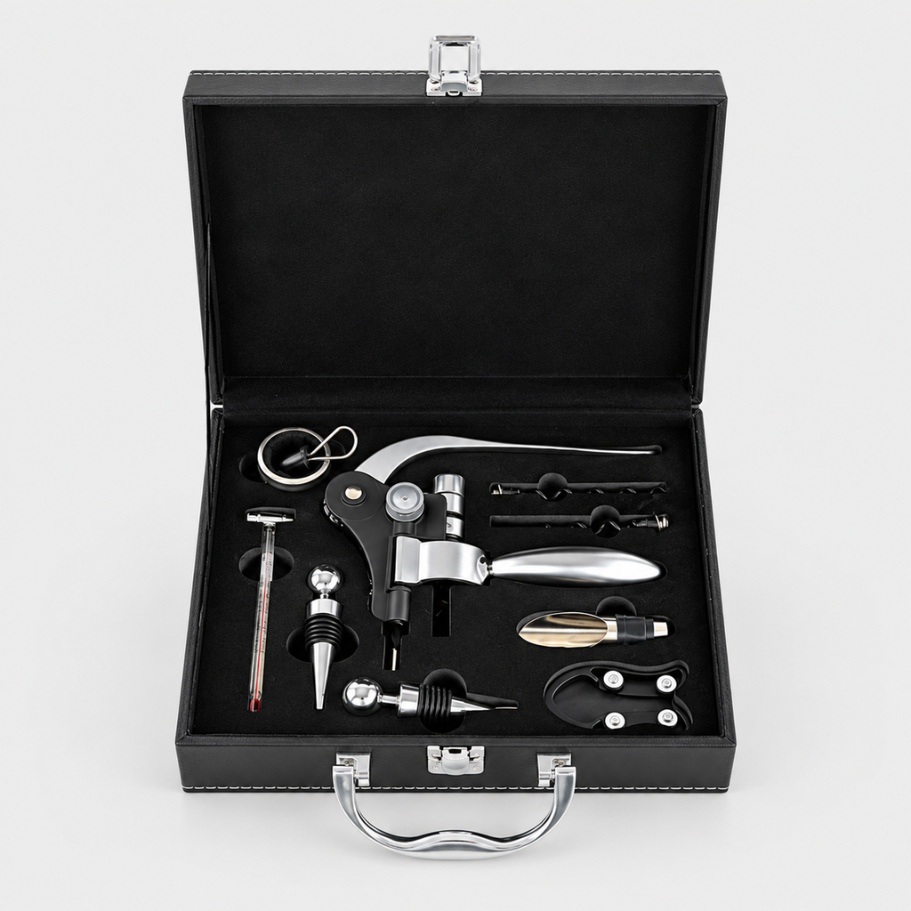 Wine Corkscrew Set, Wooden Leather Box