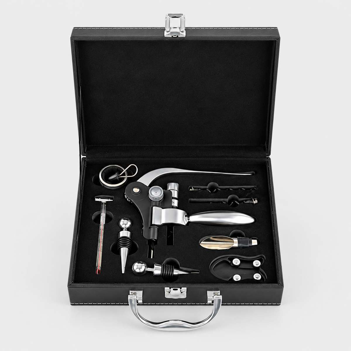 Wine Corkscrew Set, Wooden Leather Box