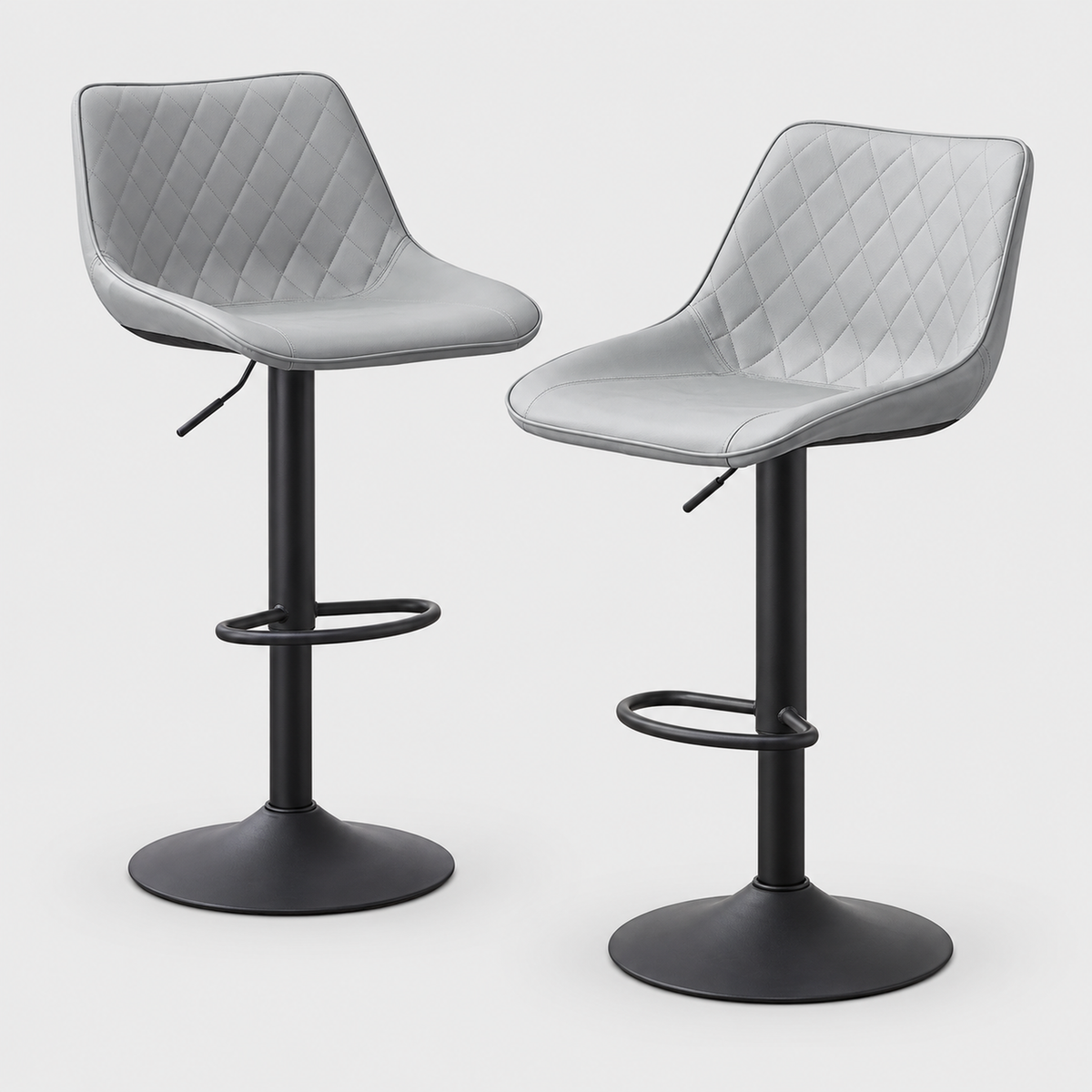 Chelsea Swivel Bar Stools Set of 2, Faux Leather, Height Adjustable on a light grey studio background