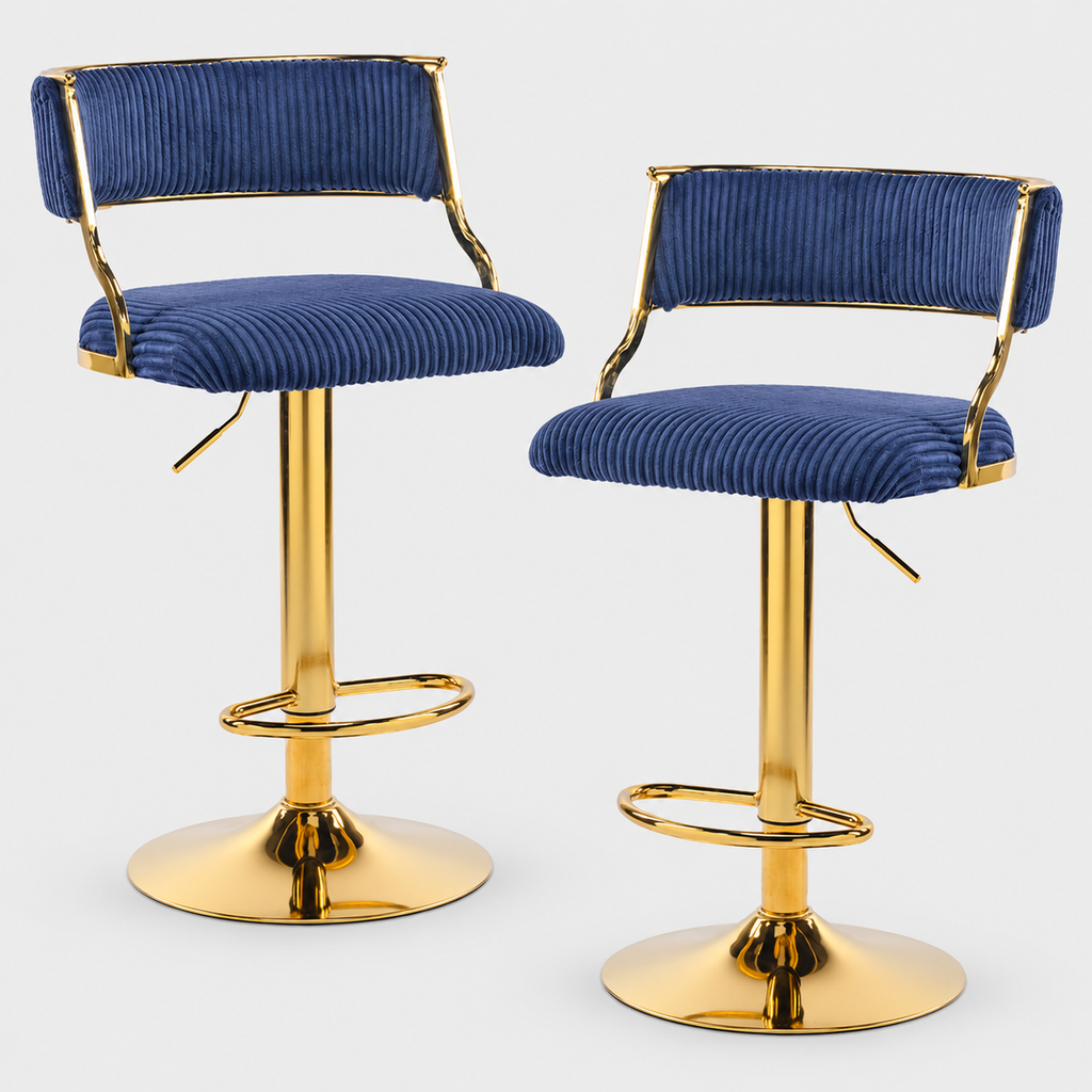 Corduroy Swivel Bar Stools Set of 2, Gold Base, Blue on a light grey studio background