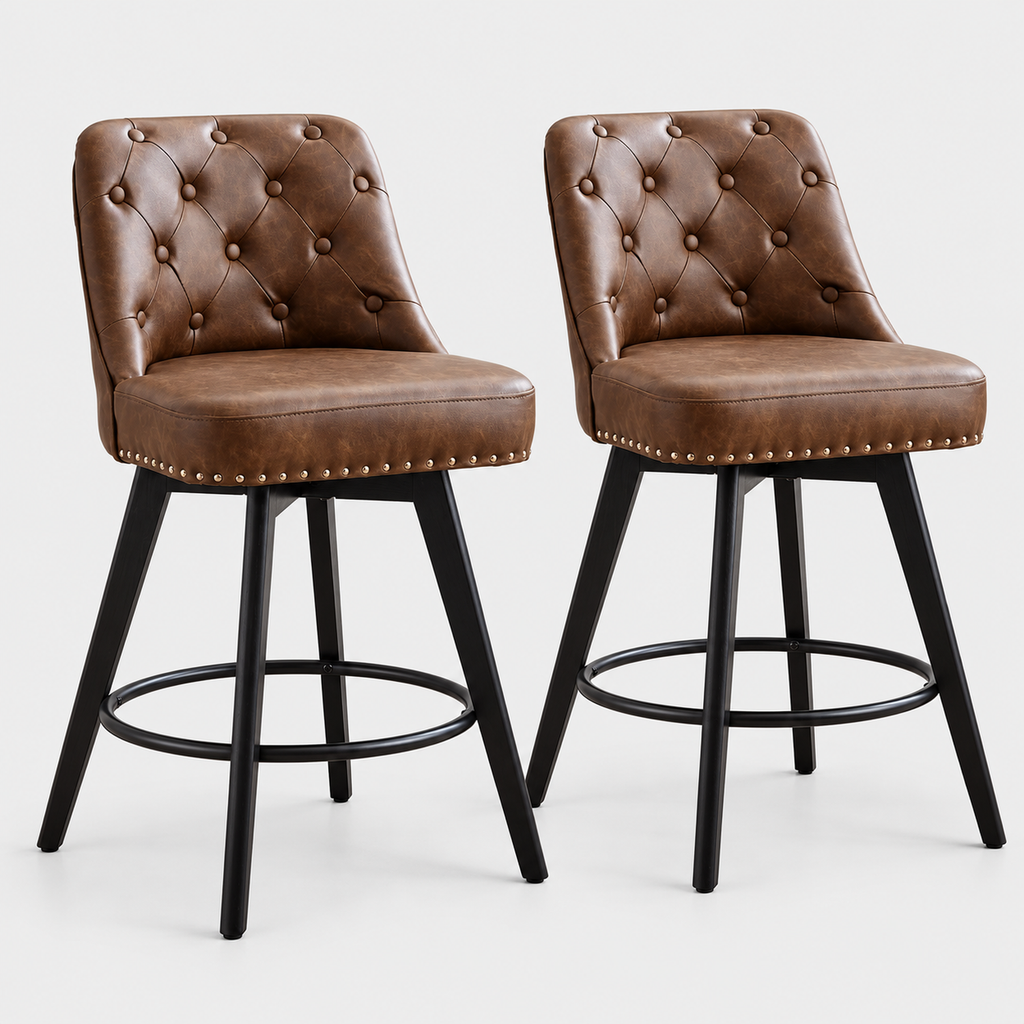 Hampstead Swivel Bar Stools Set of 2, Wooden Legs, Upholstered on a light grey studio background