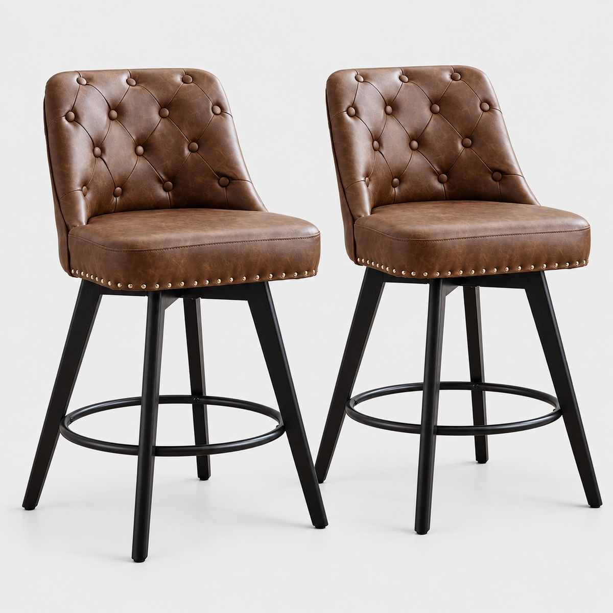 Hampstead Swivel Bar Stools Set of 2, Wooden Legs, Upholstered on a light grey studio background