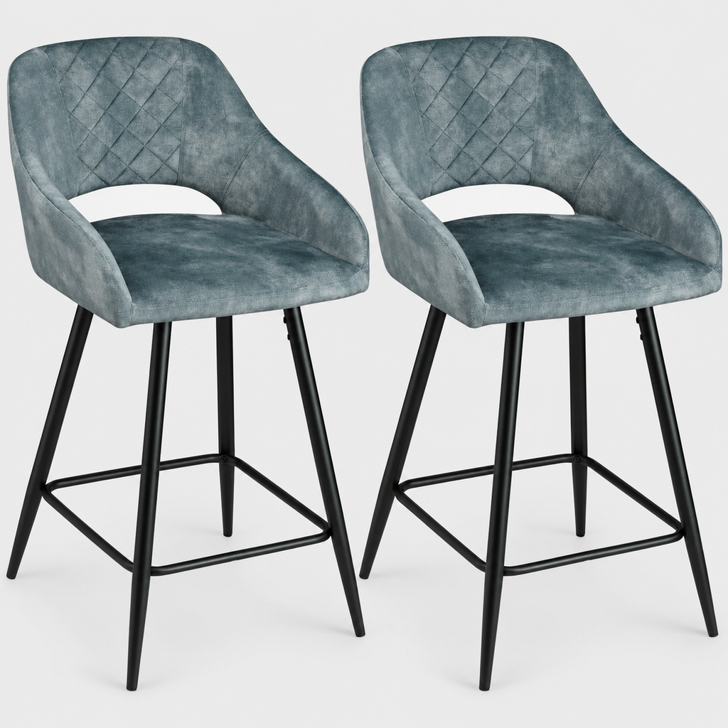 Harrogate Velvet Bar Stools Set of 2, Blue on a light grey studio background