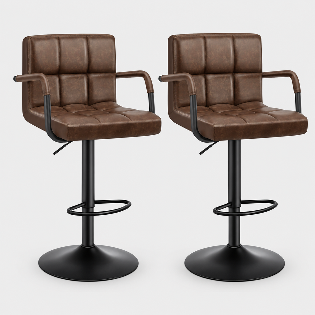 Leeds Swivel Bar Stools Set of 2, Metal Frame, Armrest on a light grey studio background