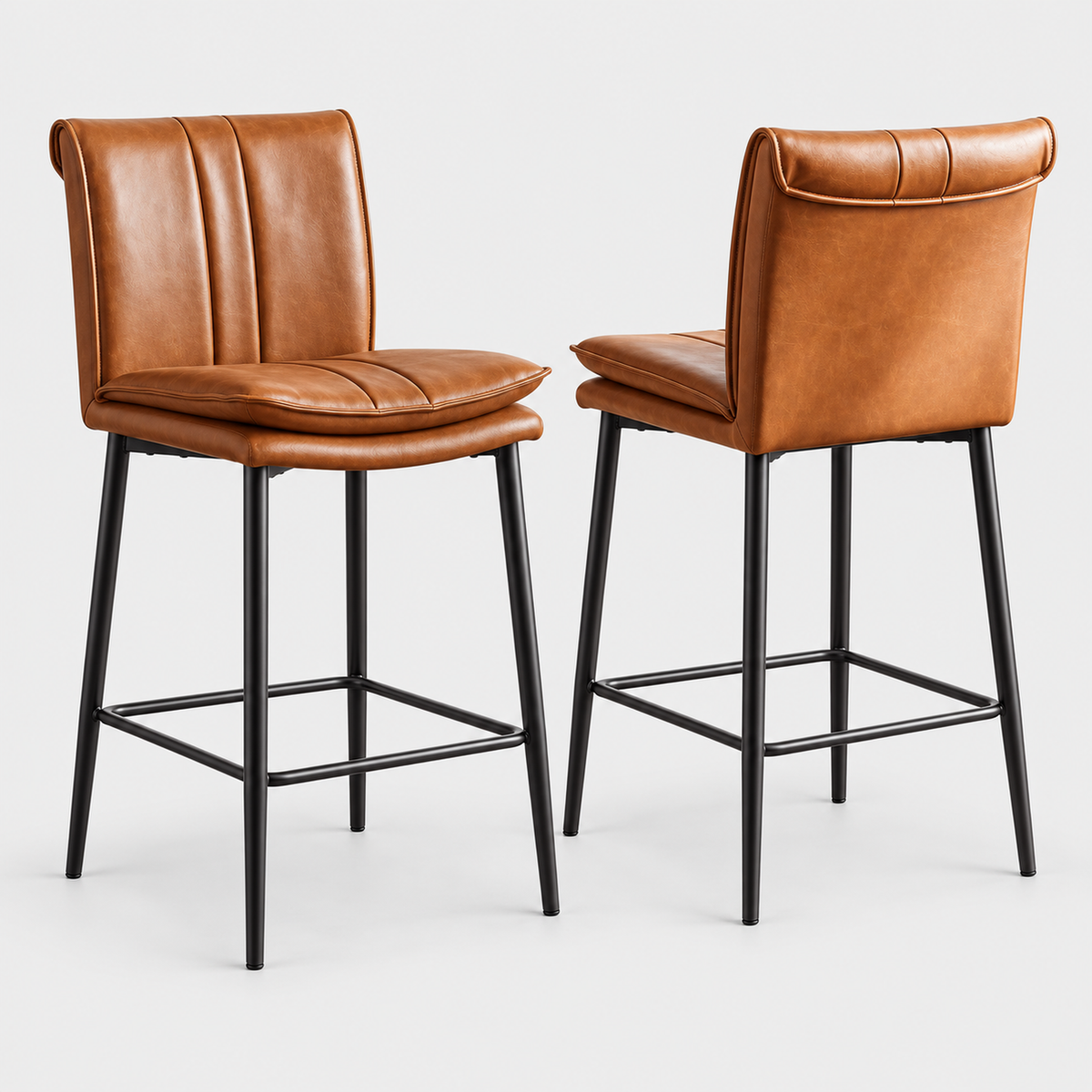 Marylebone Retro Bar Stools Set of 2, PU Leather, Brown on a light grey studio background