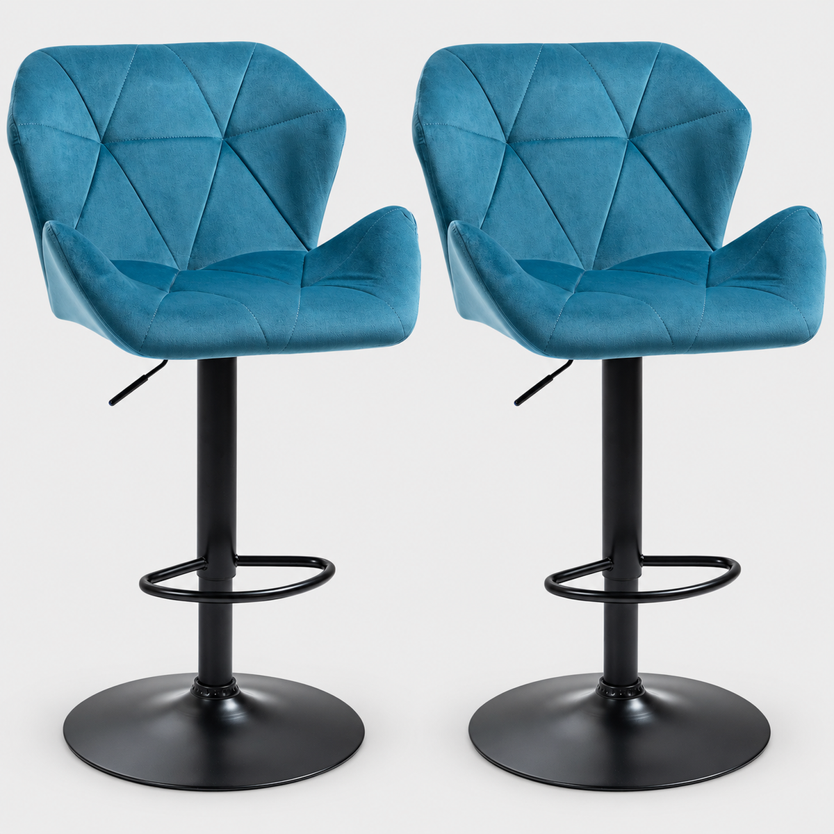 Mayfair Velvet Bar Stools Set of 2, Metal Frame, Blue on a light grey studio background