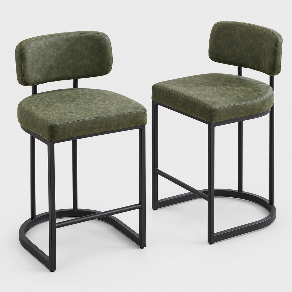 Newcastle Bar Stools Set of 2, Metal Legs, Green on a light grey studio background