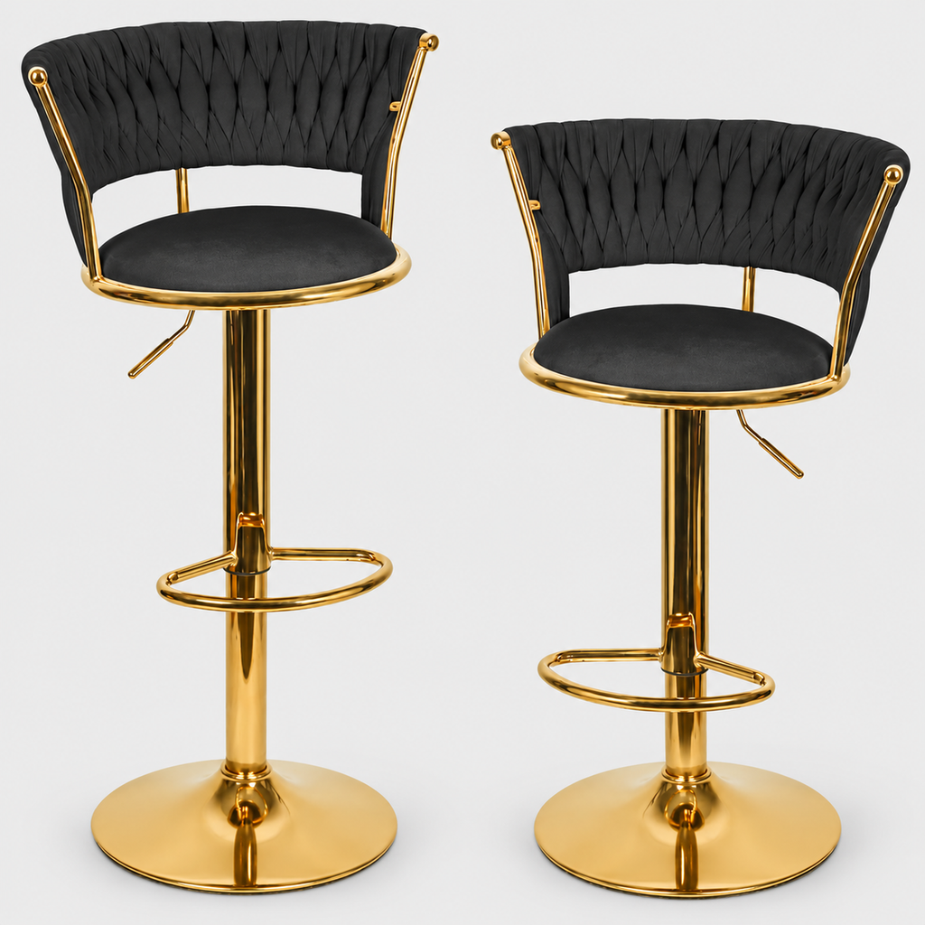 Notting Hill Swivel Velvet Bar Stools Set of 2, Woven Back, Gold Base on a light grey studio background