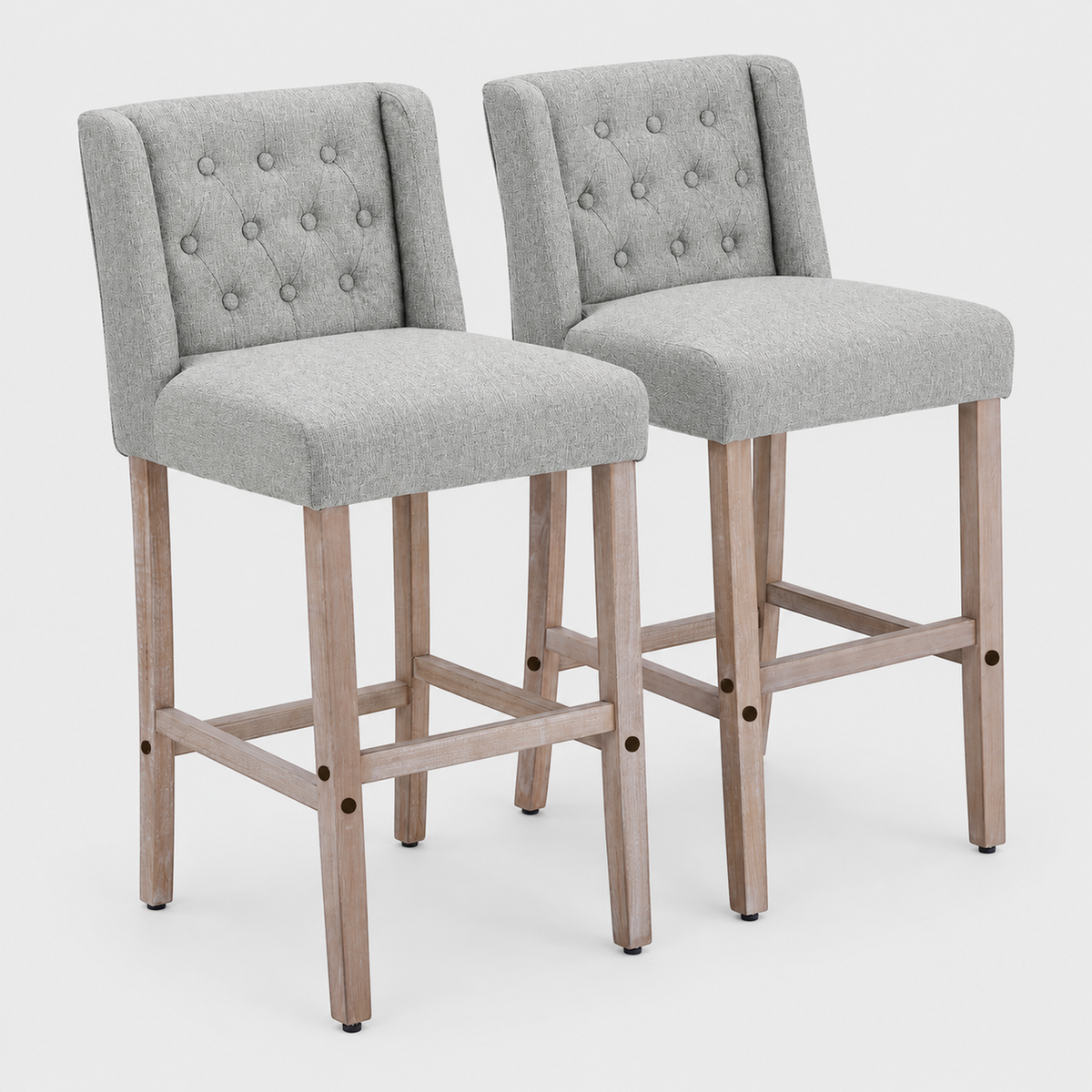 Rustic Bar Stools Set of 2, Linen, Wood Legs on a light grey studio background