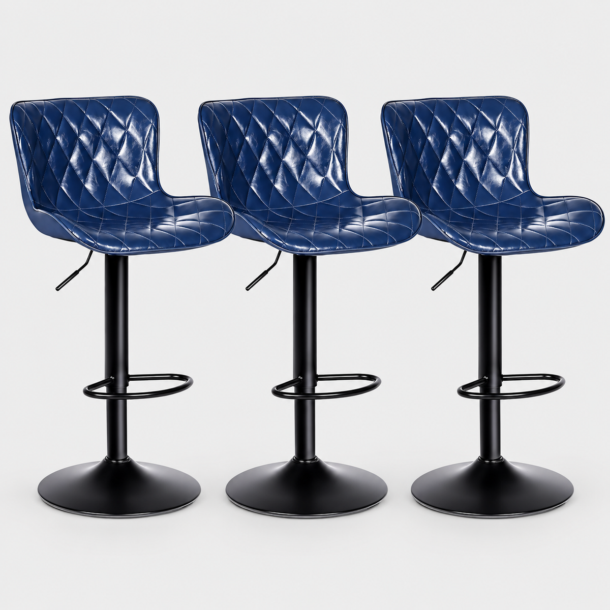 Windsor Bar Stools Set of 3, Waterproof Leather, Blue on a light grey studio background