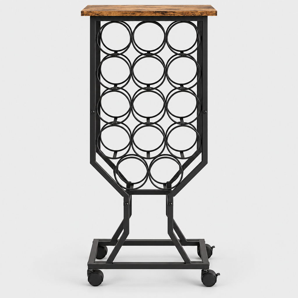 12-Bottle Freestanding Wine Rack with Casters and Wood Top — product on light grey background