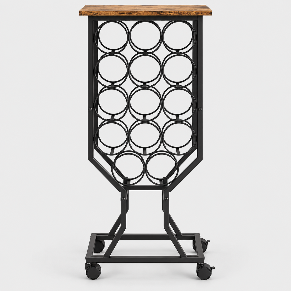 12-Bottle Freestanding Wine Rack with Casters and Wood Top — product on light grey background