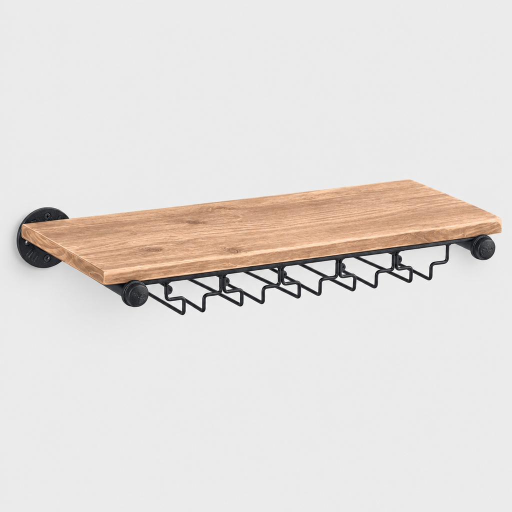 Wall-Mounted Wine Rack with Stemware Holder, Pine and Iron — product on light grey background