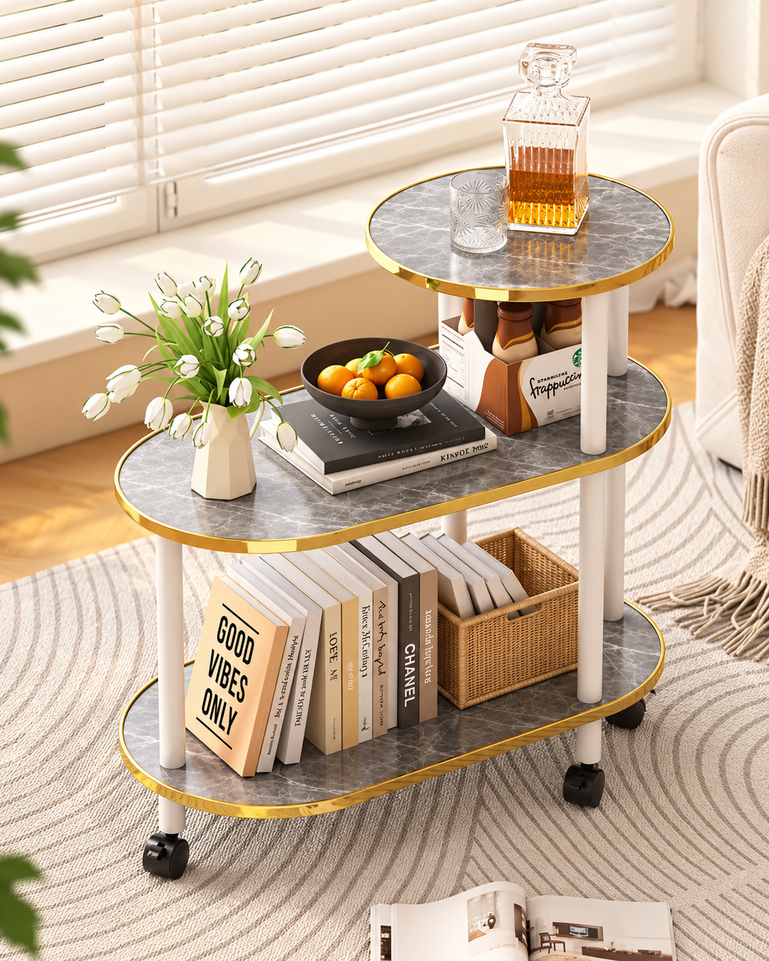 Marble-Pattern Rolling Side Trolley
