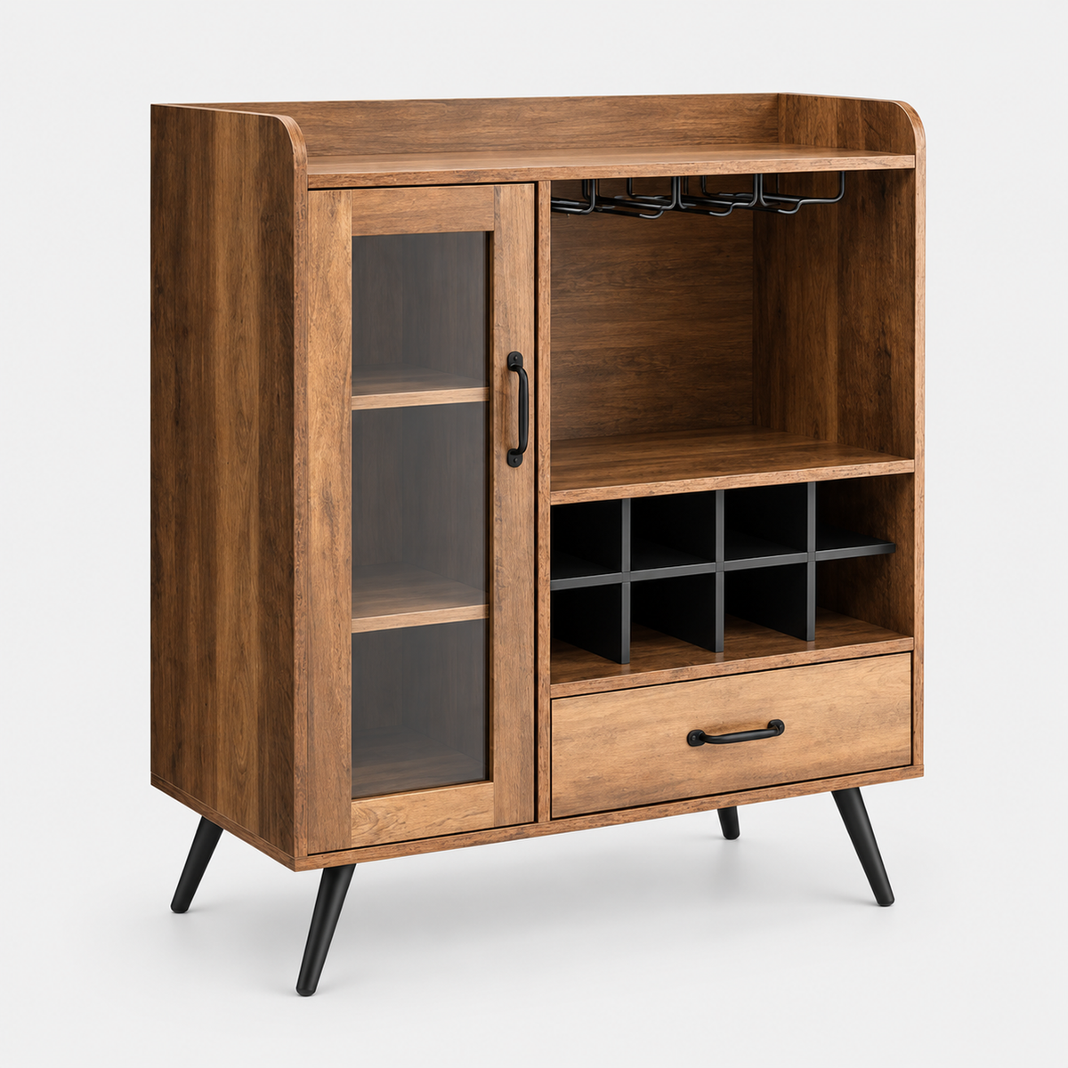 Mid-Century Drinks Cabinet, Wine Storage, Glass Door, Walnut on a light grey background