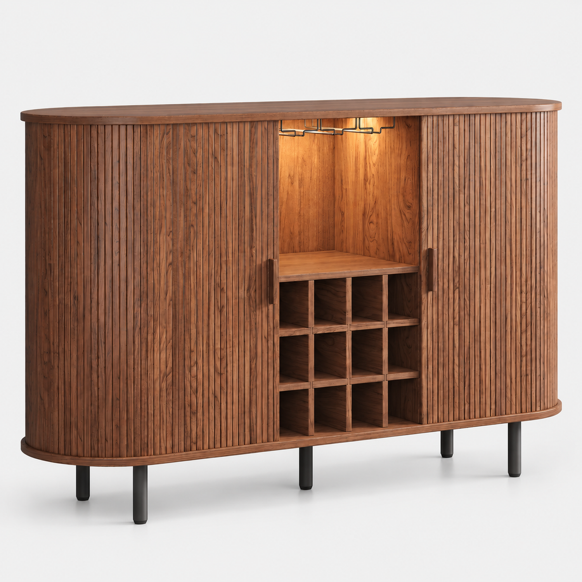 Modern Drinks Cabinet Walnut LED Light on a light grey background