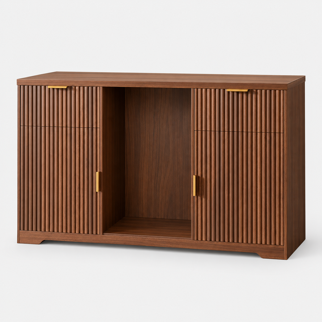 Fluted Drinks Cabinet, Coffee Bar with Fridge Space on a light grey background