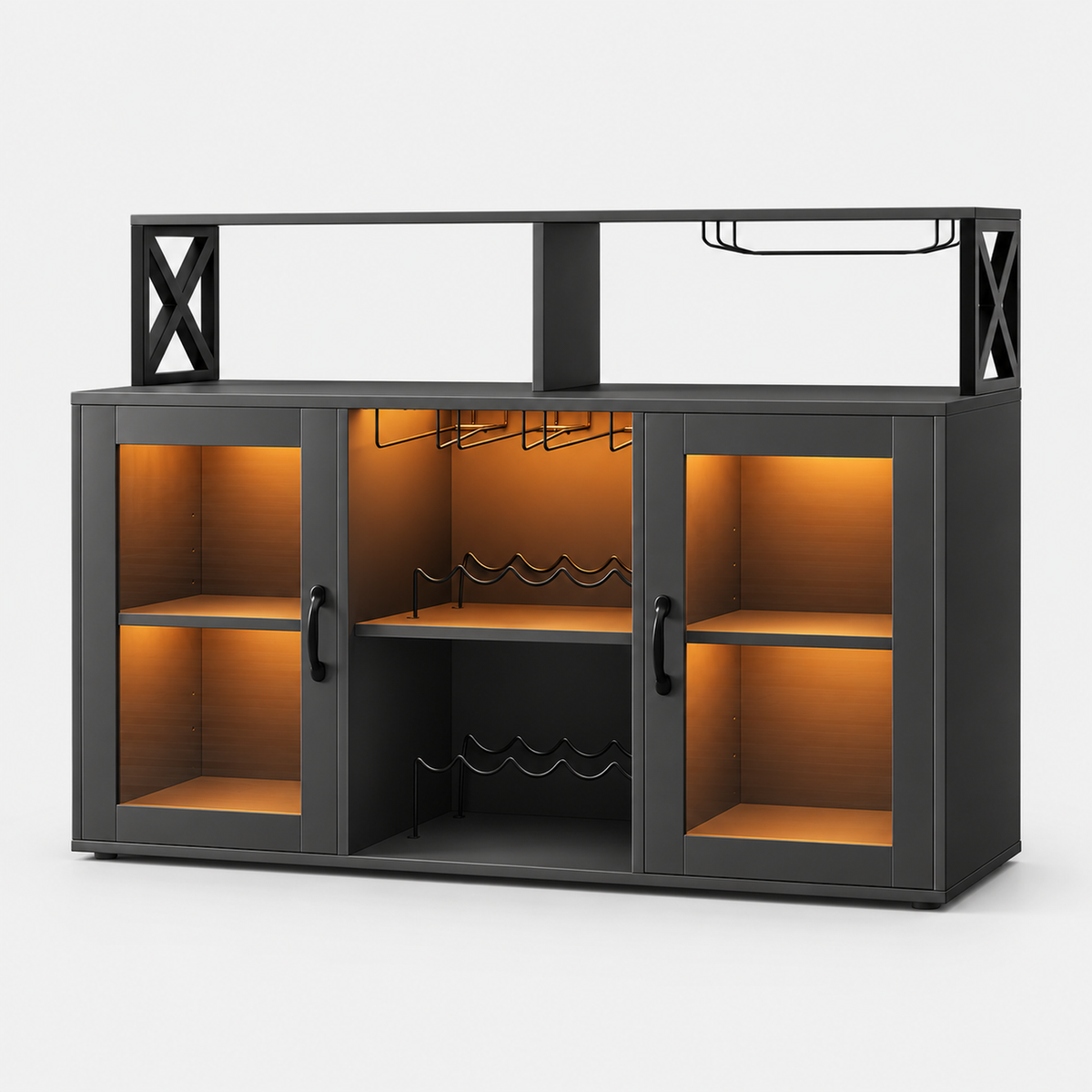 Industrial Kitchen Island Drinks Cabinet, Wine Rack & Shelving on a light grey background