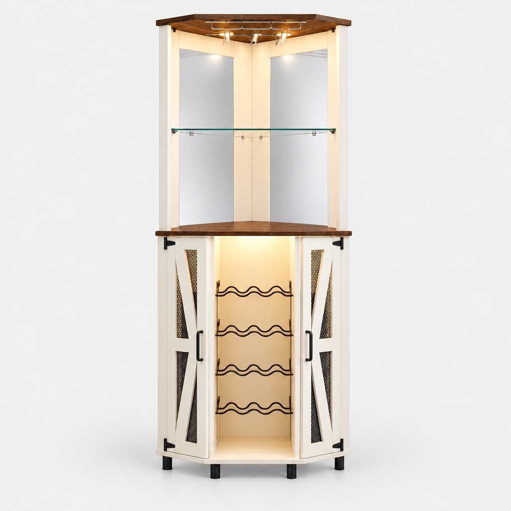 Corner Drinks Cabinet with Mirror on a light grey background