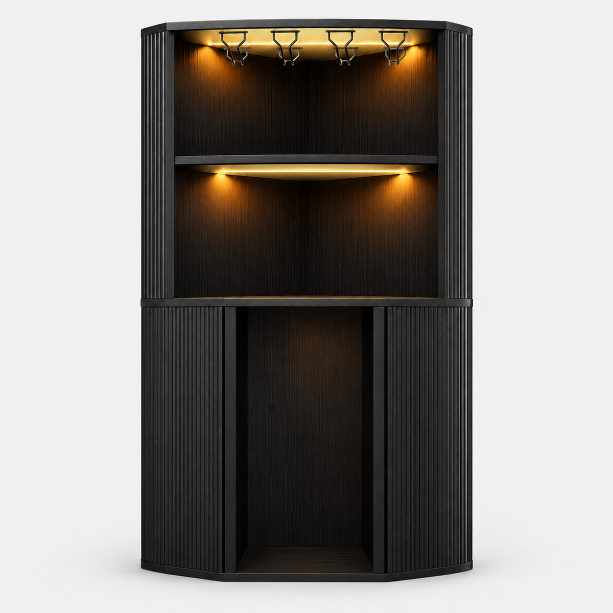 Corner Drinks Cabinet, Fluted Bar Glassware Storage on a light grey background