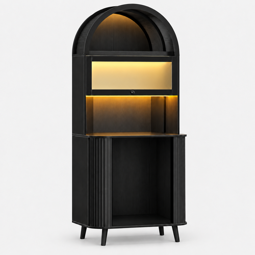 Arched Wooden Drinks Cabinet, Wine Storage, LED Lighting on a light grey background