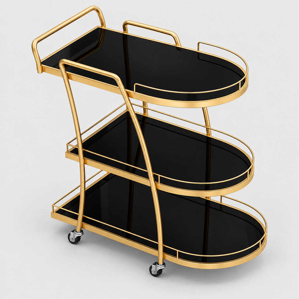 Glass Drinks Trolley, Metal Frame on a light grey background