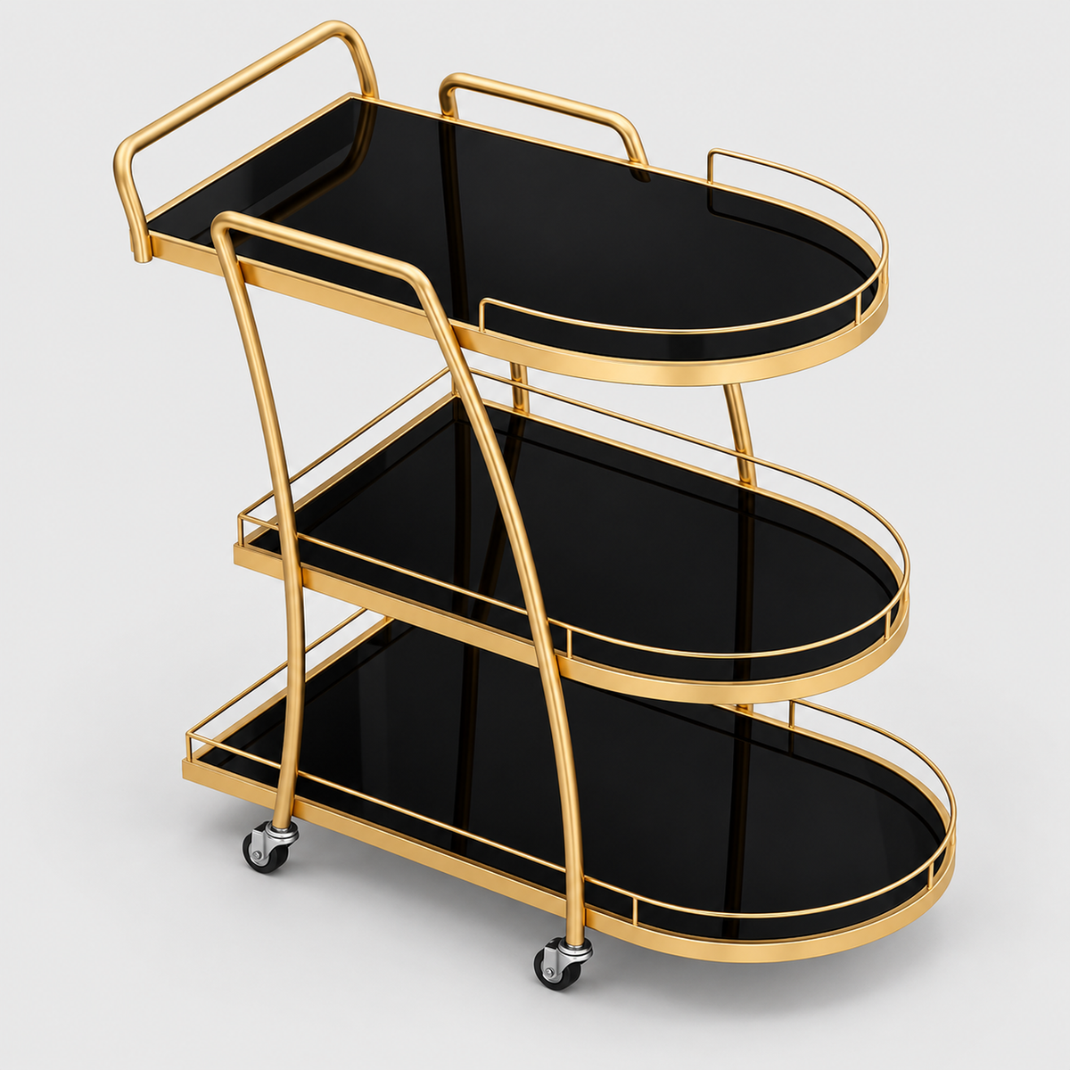 Glass Drinks Trolley, Metal Frame on a light grey background