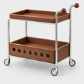 Walnut & Chrome Drinks Trolley with Bottle Storage on a light grey background