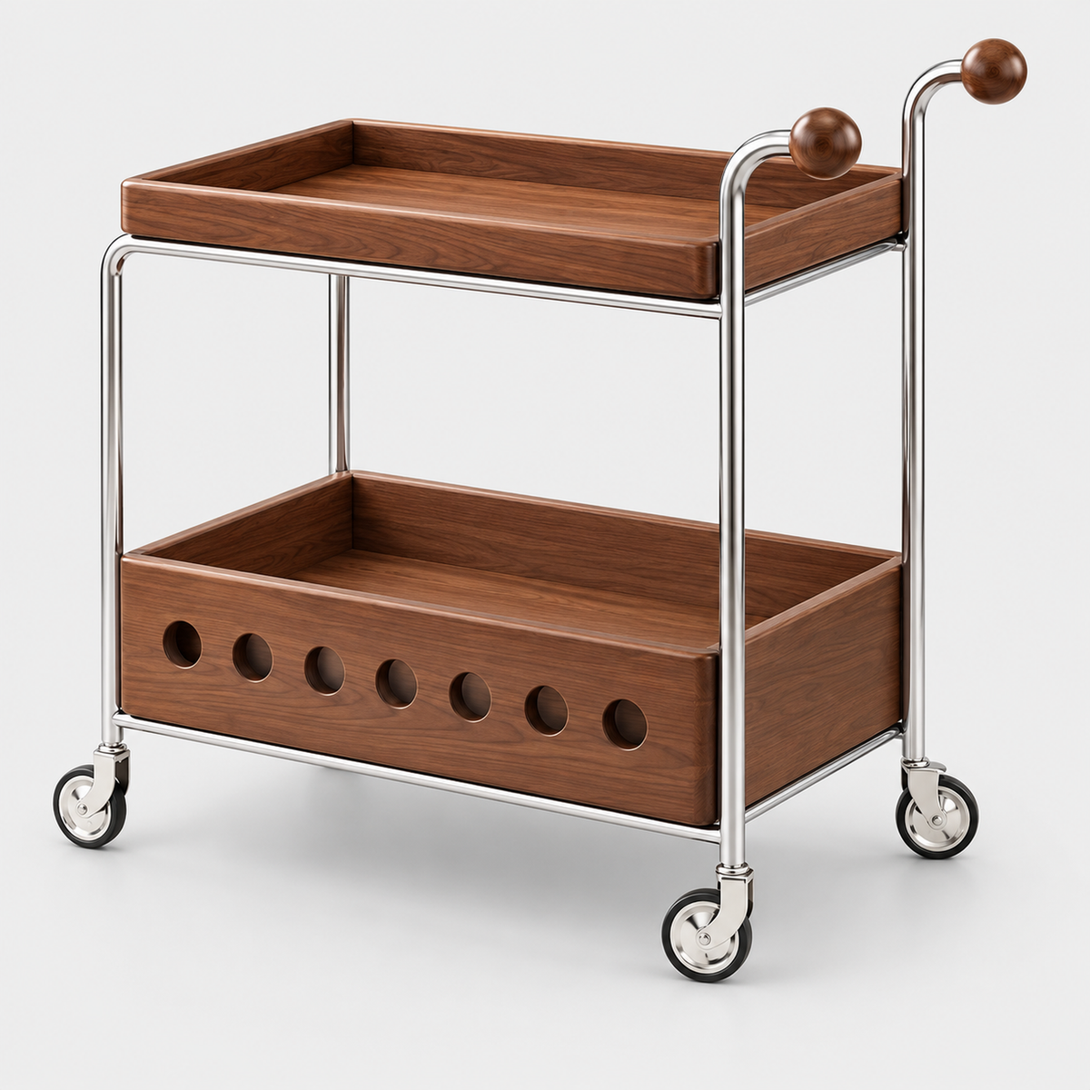 Walnut & Chrome Drinks Trolley with Bottle Storage on a light grey background