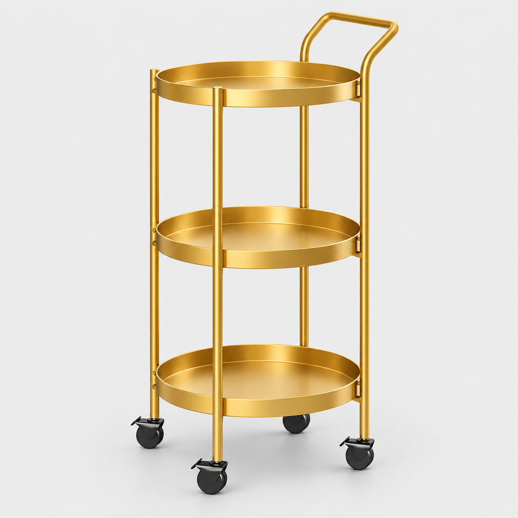 Round Metal Drinks Trolley, Gold or Black on a light grey background