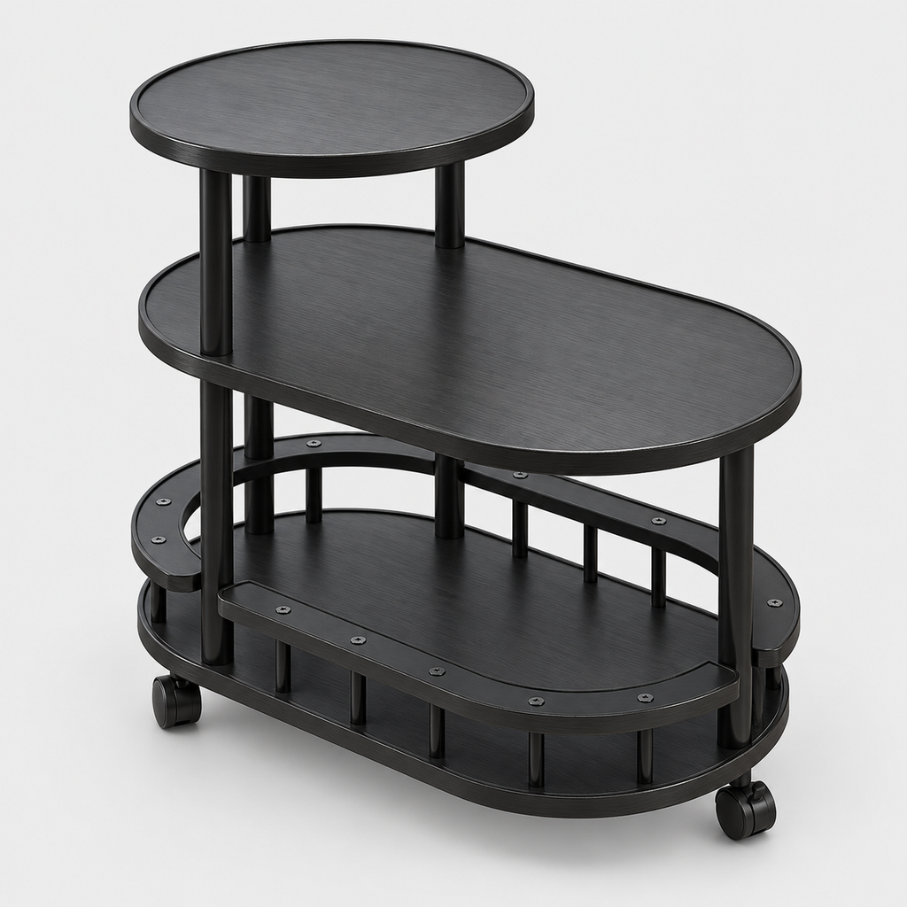Vintage-Style Rolling Side Trolley, Wood on a light grey background