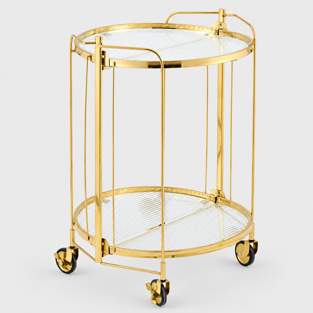 Foldable Round Drinks Trolley with Glass Shelves, Gold or Silver on a light grey background