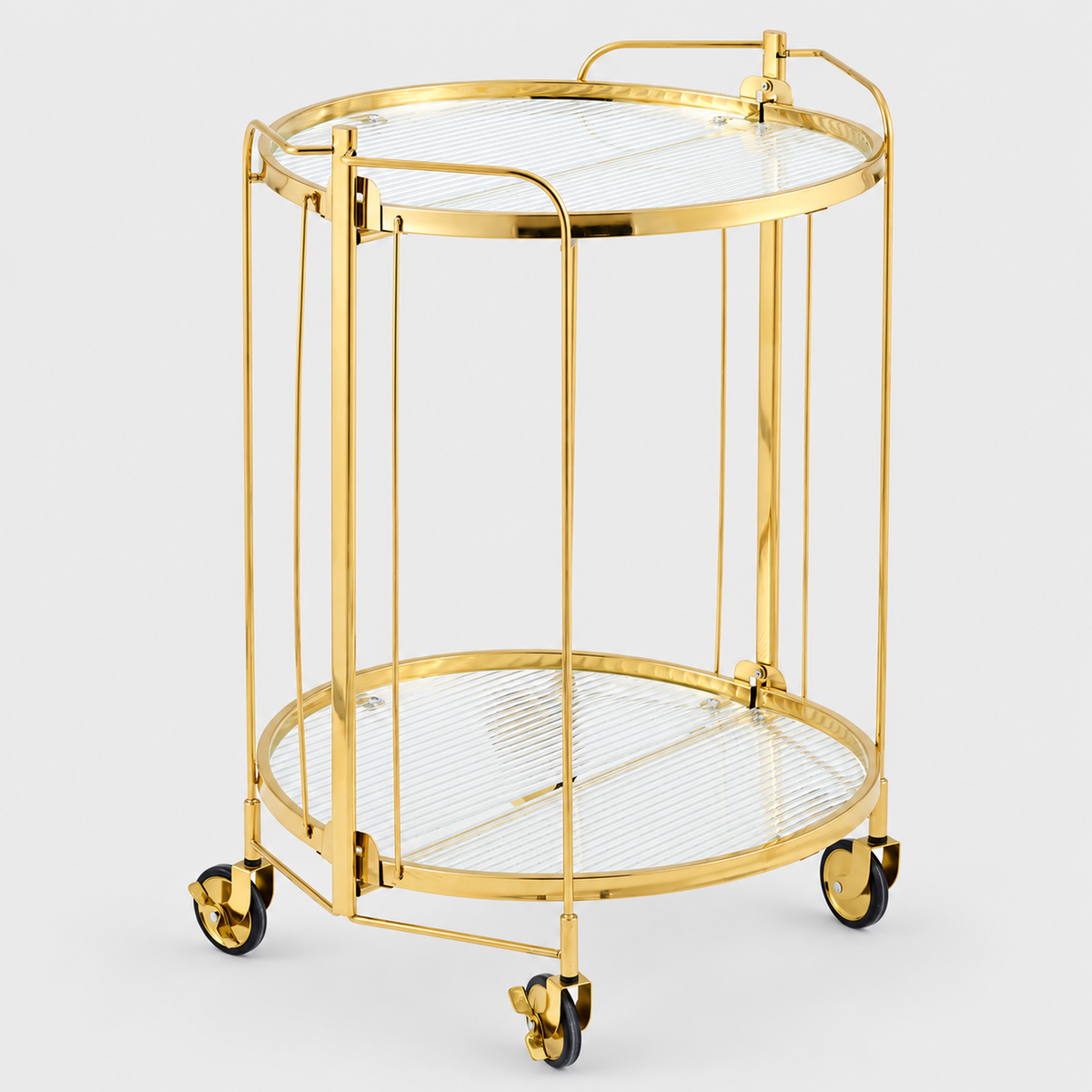 Foldable Round Drinks Trolley with Glass Shelves, Gold or Silver on a light grey background