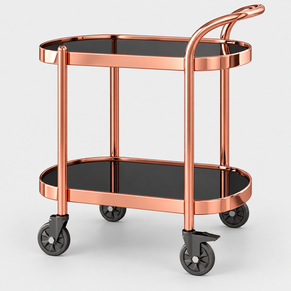 Double-Tier Glass Drinks Trolley, Gold or Rose Gold on a light grey background