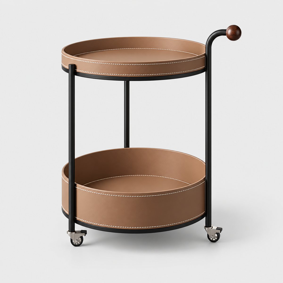 Leather-Wrapped Drinks Trolley, Double-Tier on a light grey background