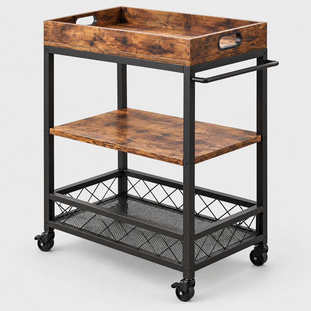 3-Tier Industrial Bar Cart with Removable Tray on a light grey background