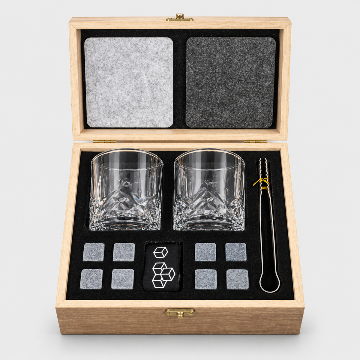 Whisky Gift Set: 2 Glasses, 8 Granite Stones, Wooden Box