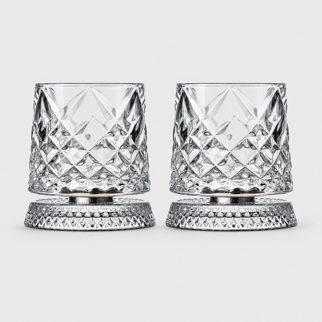 Rotating Whiskey Glasses, Glass Base, Set of 2