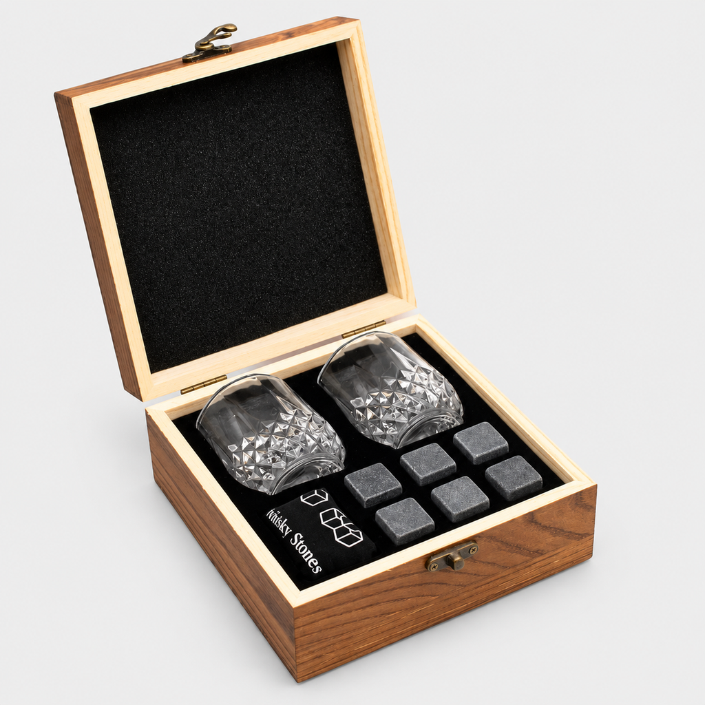 Granite Whisky Stone and Glass Set in Wooden Bottle Box