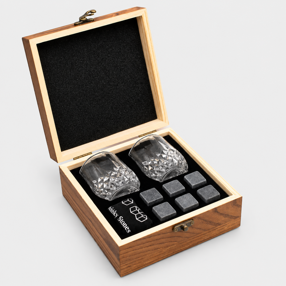 Granite Whisky Stone and Glass Set in Wooden Bottle Box